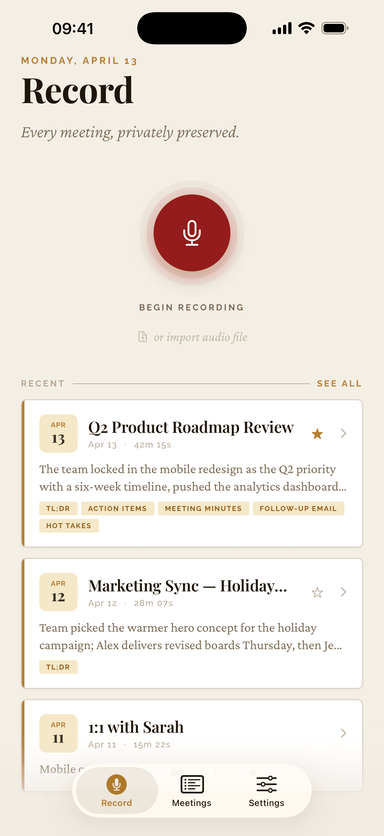 Meeting Summarizer iPhone app — home screen with recent on-device meeting recordings