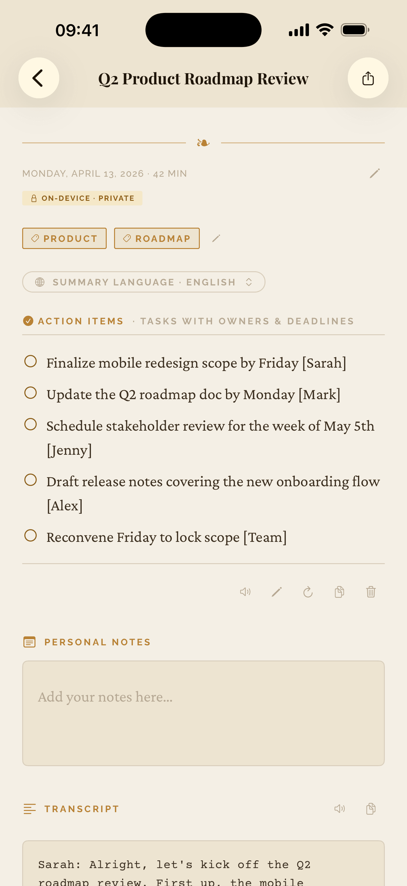 Meeting Summarizer action items view with owners and deadlines extracted from the transcript
