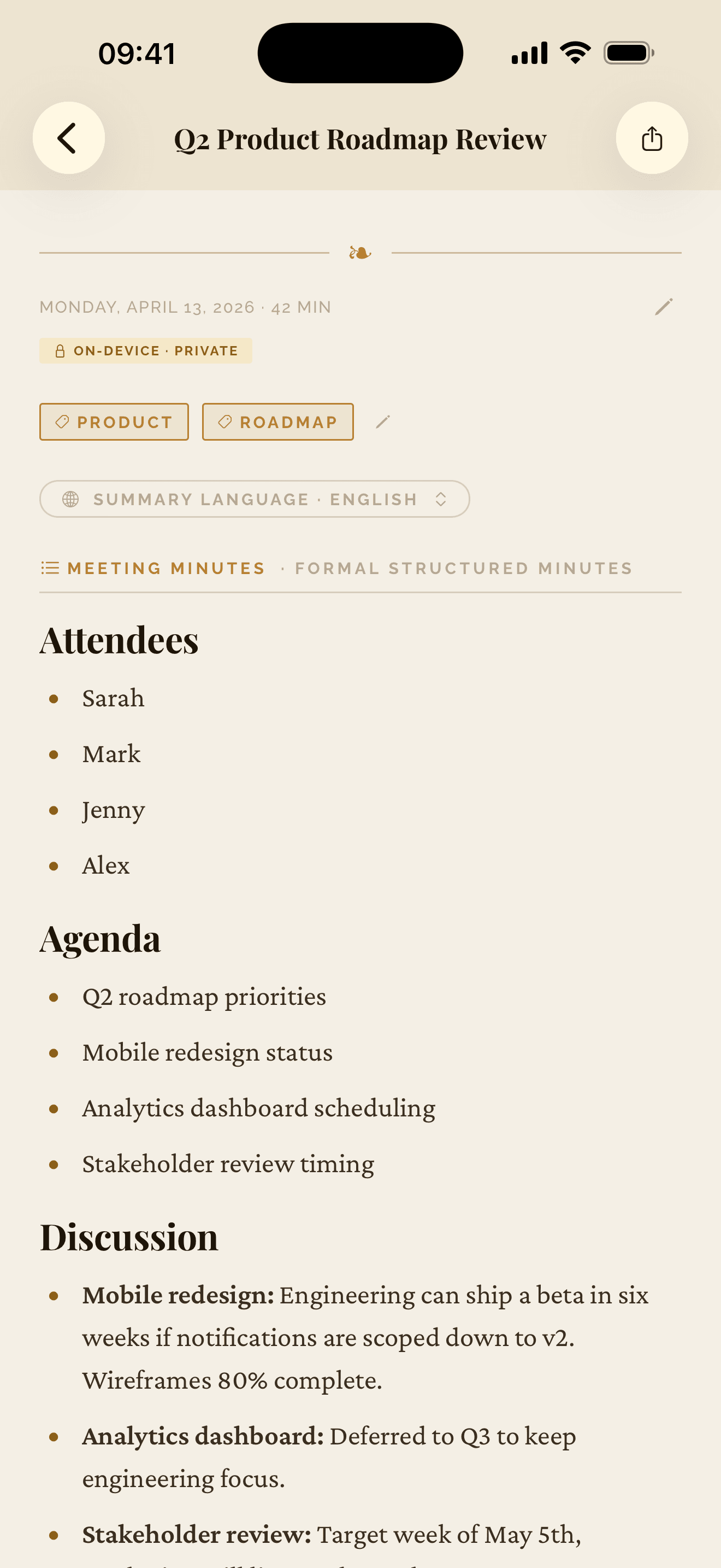 Meeting Summarizer summary screen showing attendees, agenda, and discussion sections generated on-device